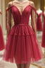 Off the Shoulder Short Burgundy Lace Prom Dress, Wine Red Short Lace Formal Graduation Dress
