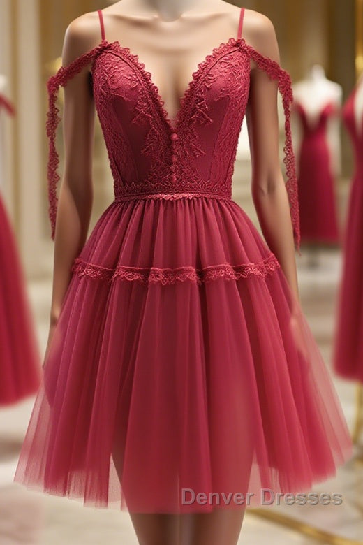 Off the Shoulder Short Burgundy Lace Prom Dress, Wine Red Short Lace Formal Graduation Dress Main image