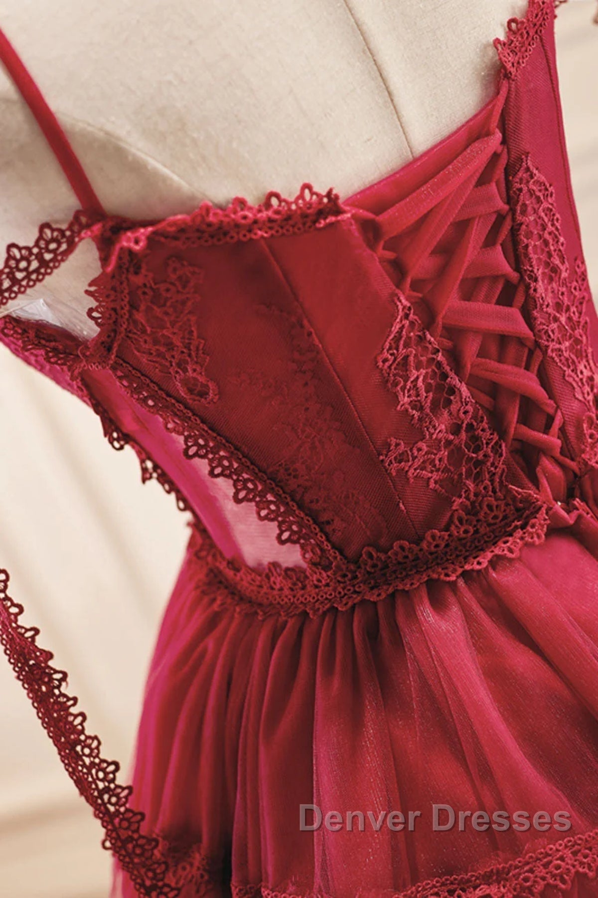 Off the Shoulder Short Burgundy Lace Prom Dress, Wine Red Short Lace Formal Graduation Dress Secondary image