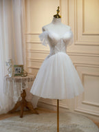 Off the Shoulder Short Champagne Tulle Prom Dresses, Short Formal Homecoming Dress
