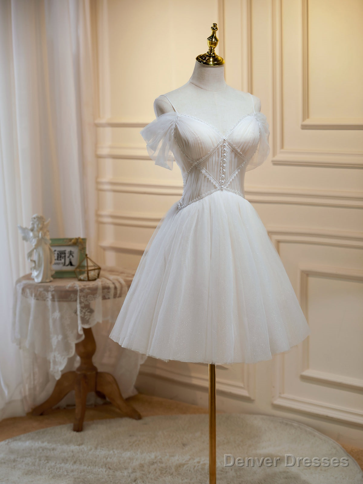 Off the Shoulder Short Champagne Tulle Prom Dresses, Short Formal Homecoming Dress Main image
