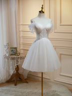 Off the Shoulder Short Champagne Tulle Prom Dresses, Short Formal Homecoming Dress