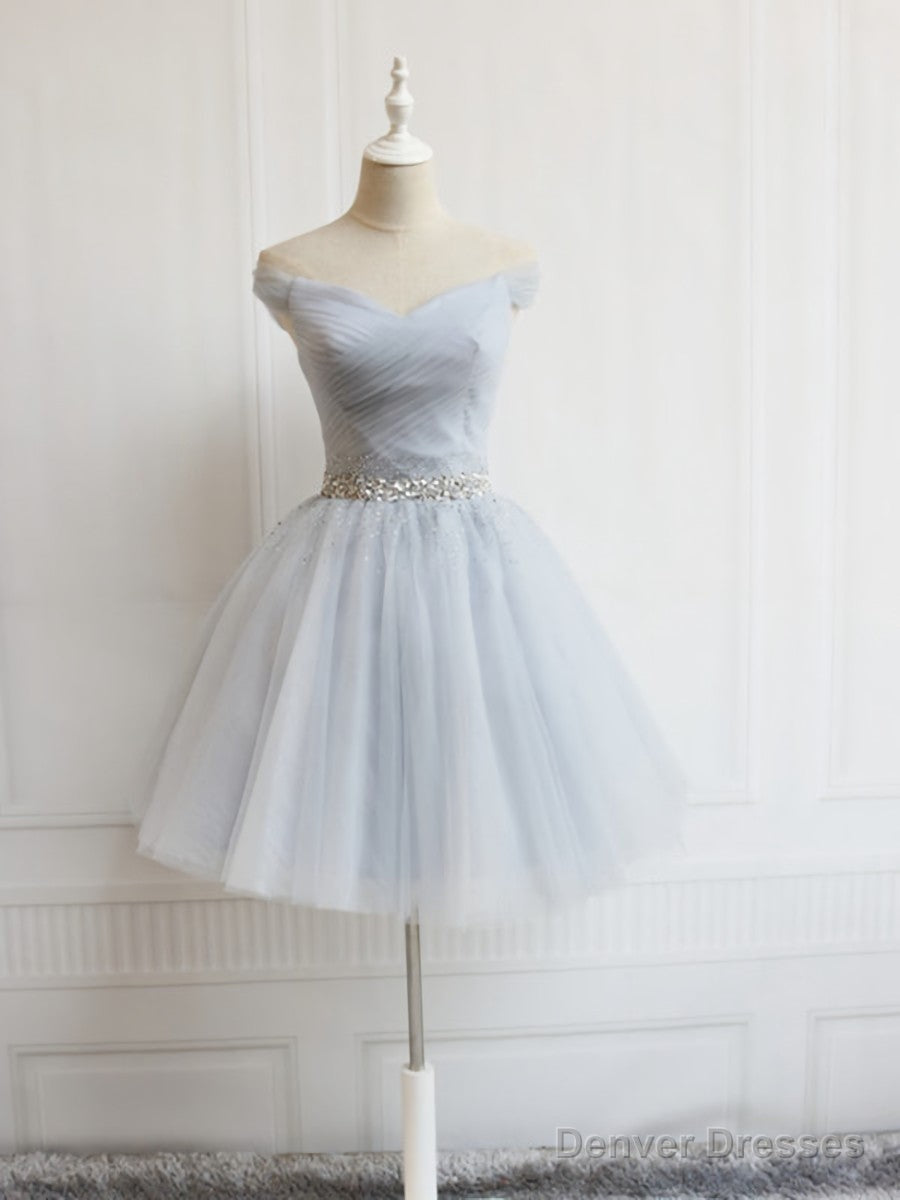 Off the Shoulder Short Gray Prom Dresses, Short Beaded Gray Graduation Homecoming Dresses Main image