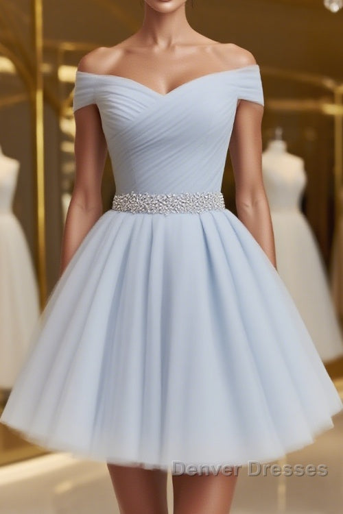 Off the Shoulder Short Gray Prom Dress with Coset Back, Short Beaded Gray Graduation Homecoming Dress Main image