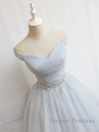 Off the Shoulder Short Gray Prom Dress with Coset Back, Short Beaded Gray Graduation Homecoming Dress
