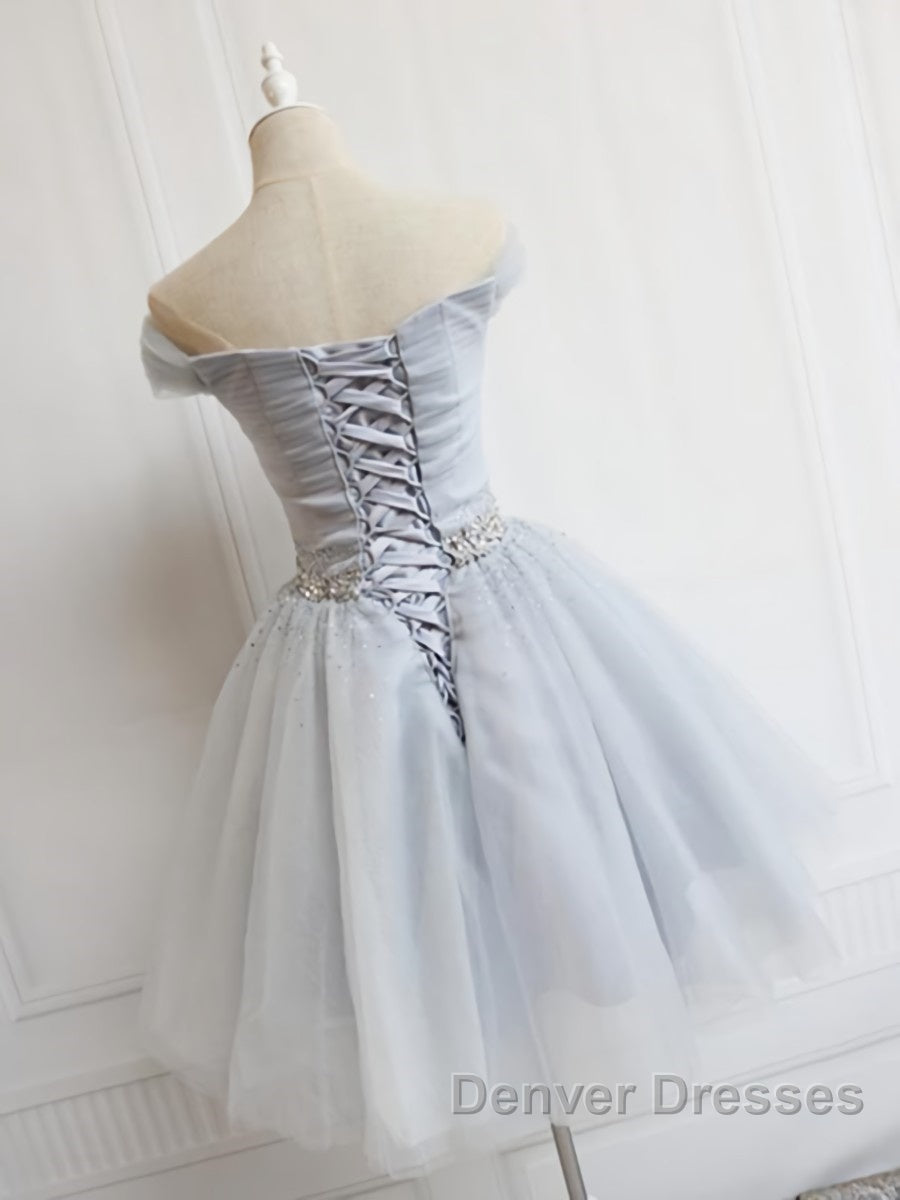 Off the Shoulder Short Gray Prom Dress with Coset Back, Short Beaded Gray Graduation Homecoming Dress