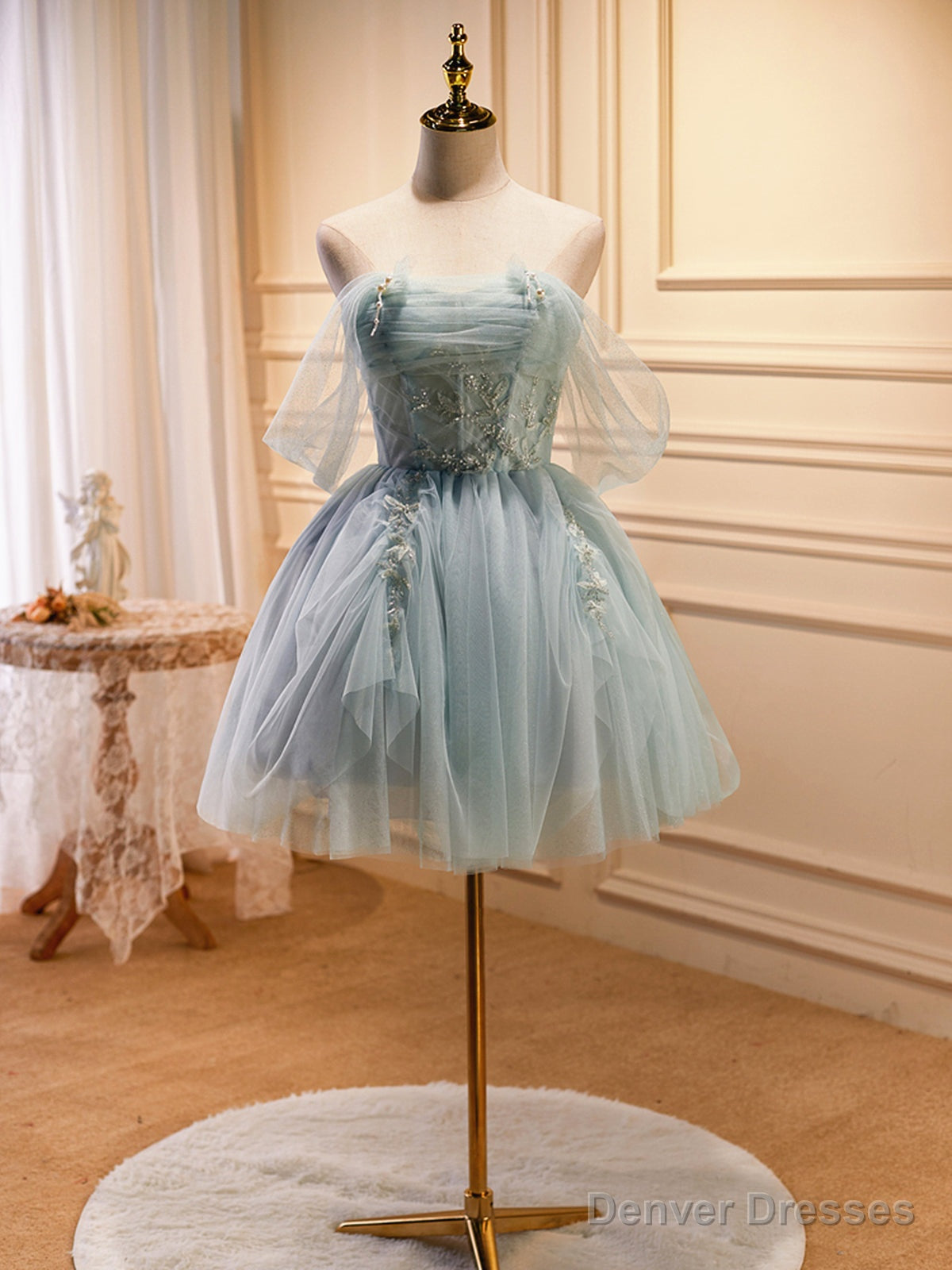 Off the Shoulder Short Green Beaded Prom Dresses, Short Green Formal Graduation Dresses Secondary image