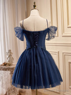 Off the Shoulder Short Navy Blue Prom Dresses, Dark Blue Off Shoulder Graduation Homecoming Dresses