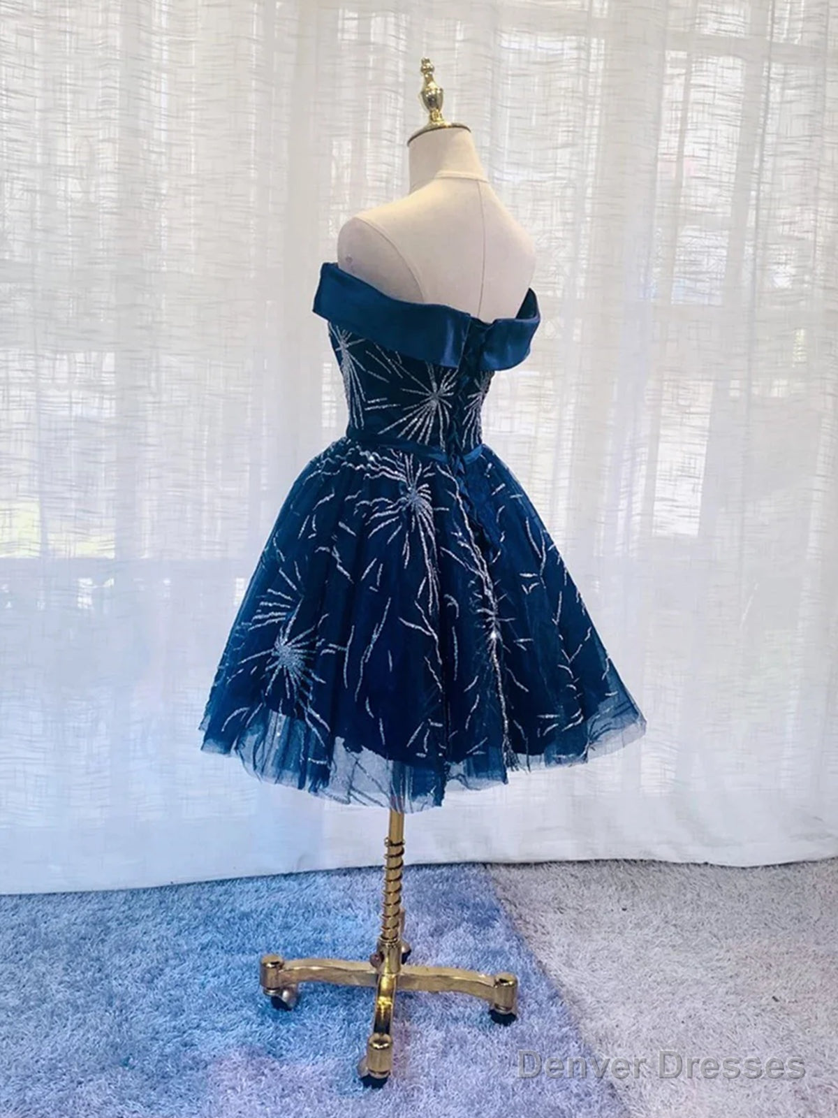 Off the Shoulder Short Navy Blue Prom Dresses, Short Dark Blue Formal Homecoming Dresses