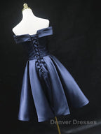 Off the Shoulder Short Navy Blue Prom Dress, Short Navy Blue Formal Homecoming Graduation Dress