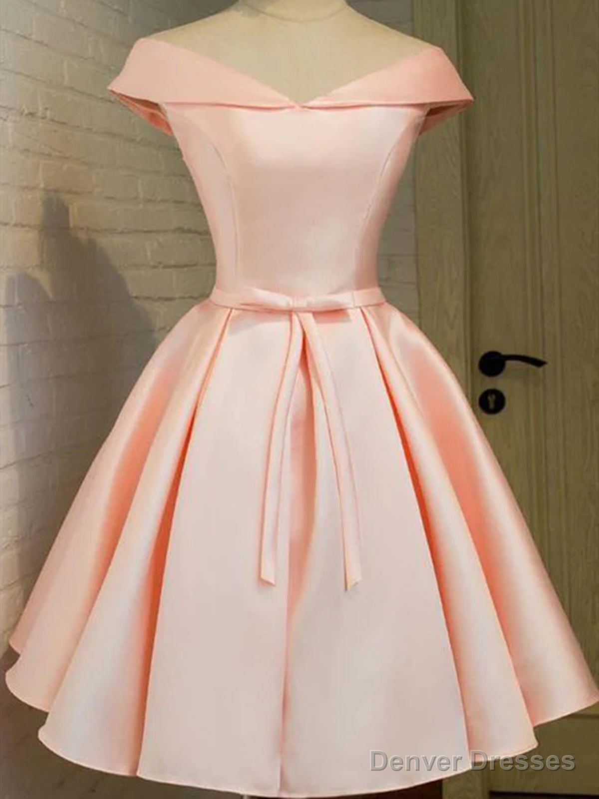 Off the Shoulder Short Pink Satin Prom Dresses, Short Pink Satin Graduation Homecoming Dresses Main image