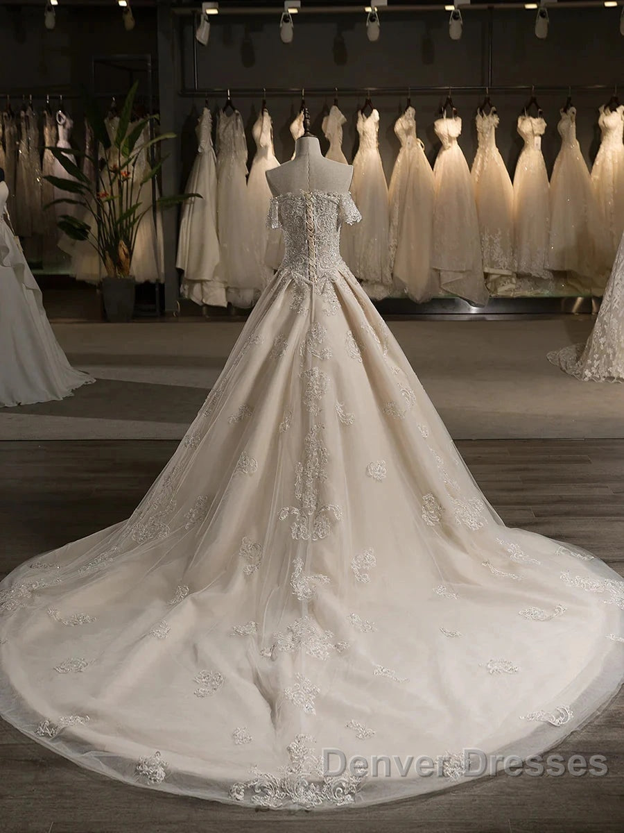 Off-The-Shoulder Short Sleeves Tulle Applique With Beading Court Train Ball Gown Wedding Dress Secondary image