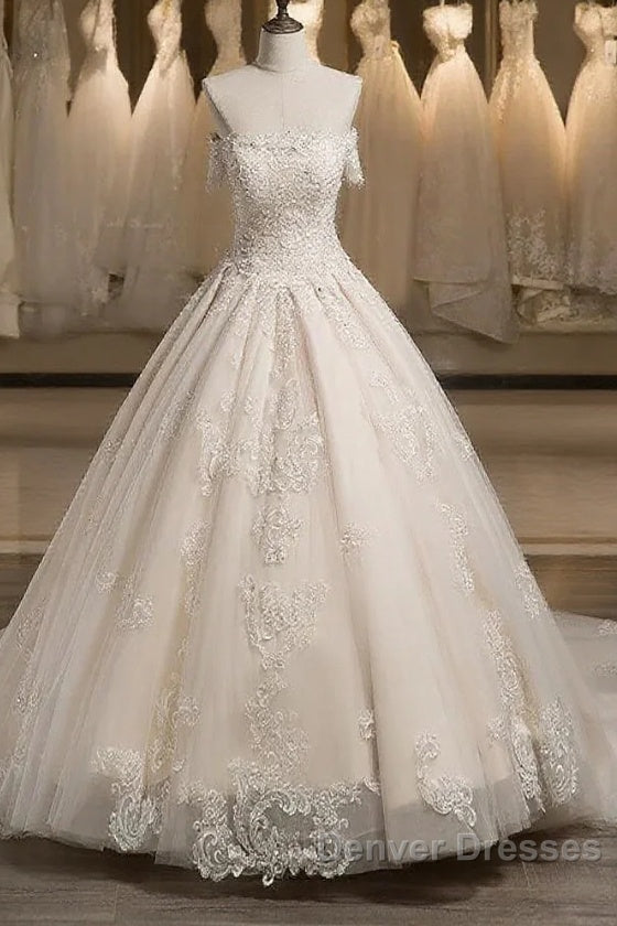 Off-The-Shoulder Short Sleeves Tulle Applique With Beading Court Train Ball Gown Wedding Dress Main image