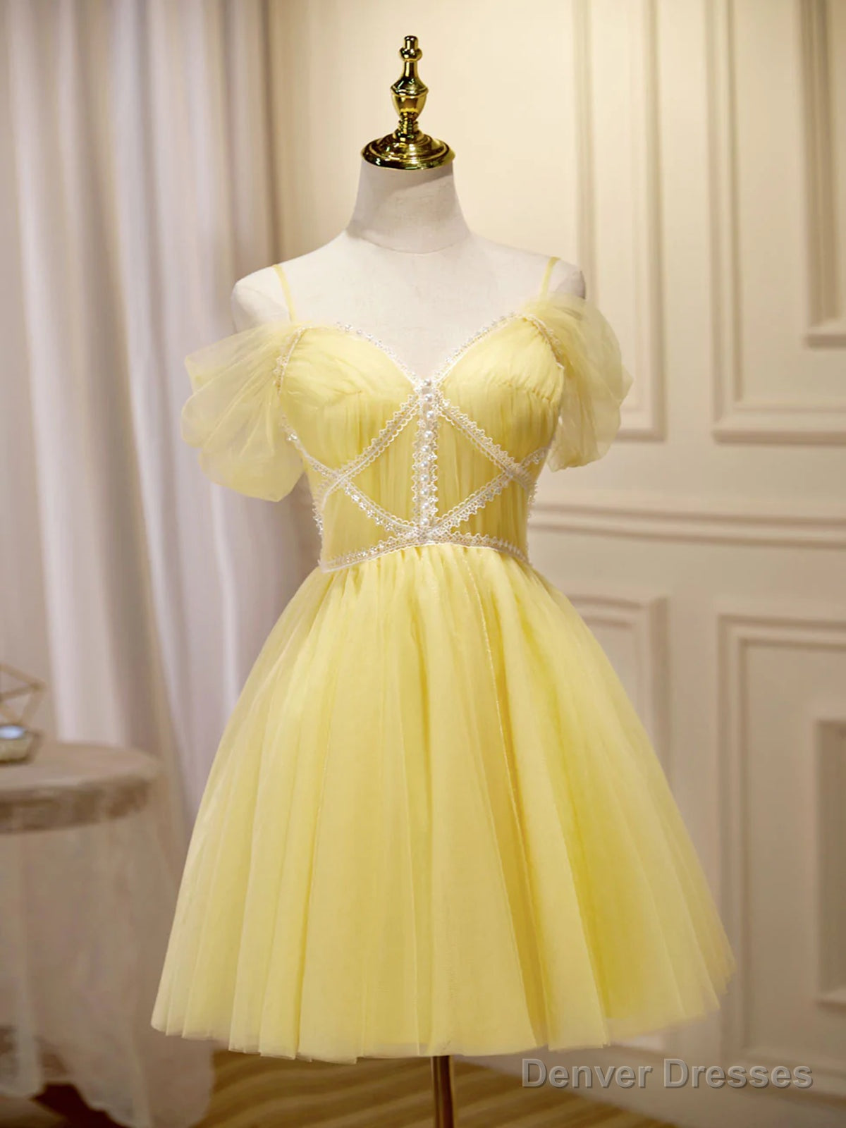 Off the Shoulder Short Yellow Prom Dresses, Off Shoulder Short Yellow Formal Graduation Dresses Main image