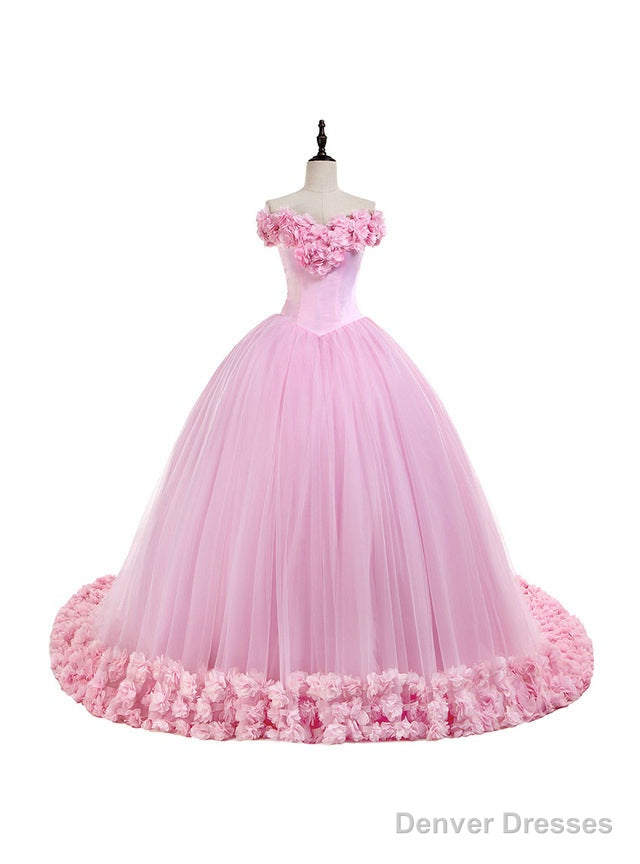Off the Shoulder Sweet 16 Dress Pink 3D Flowers Tulle Quinceanera Dresses Main image
