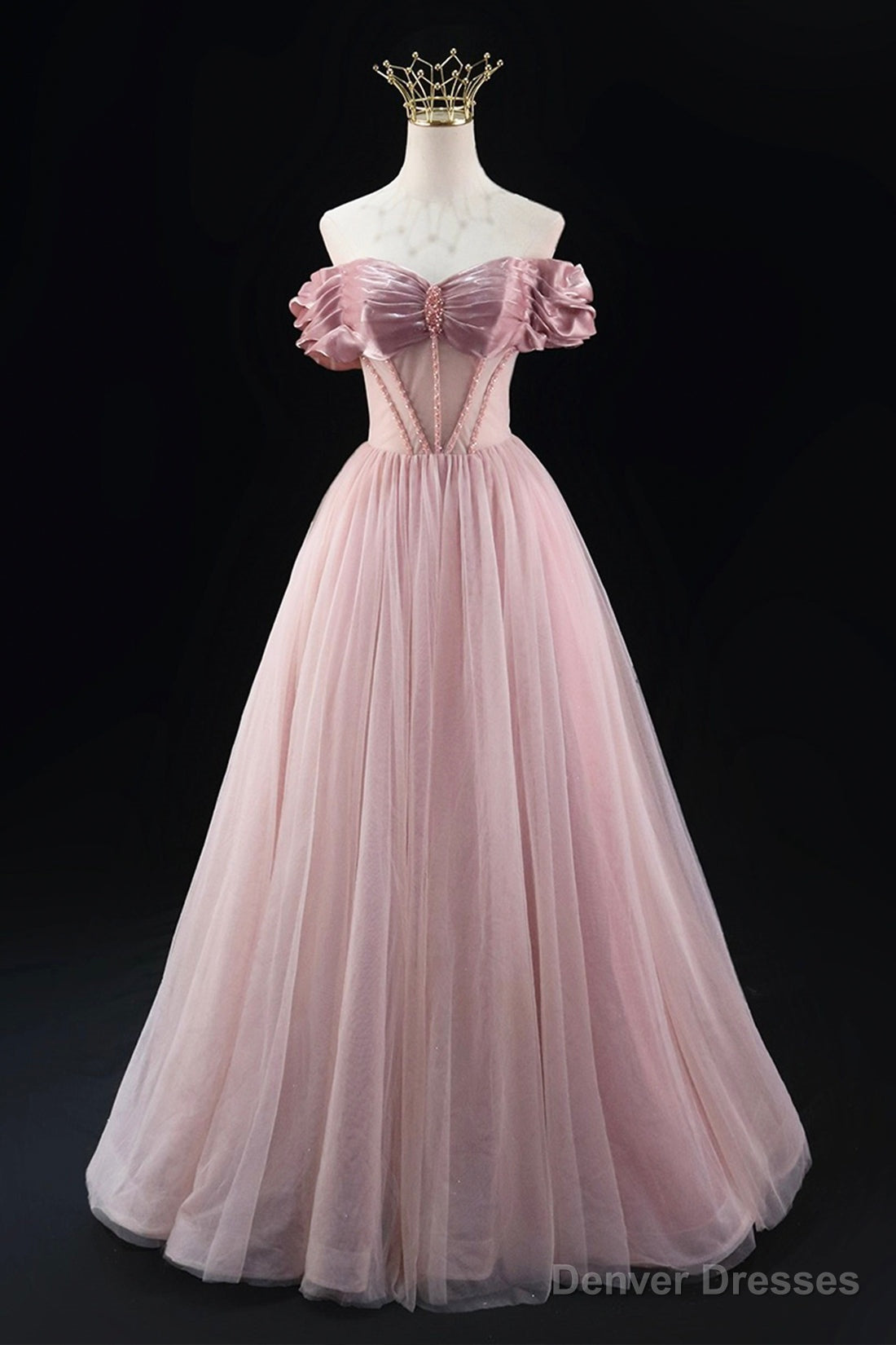 Off the Shoulder Sweetheart Beaded Tulle Long Prom Dress, A-Line Pink Evening Dress Main image