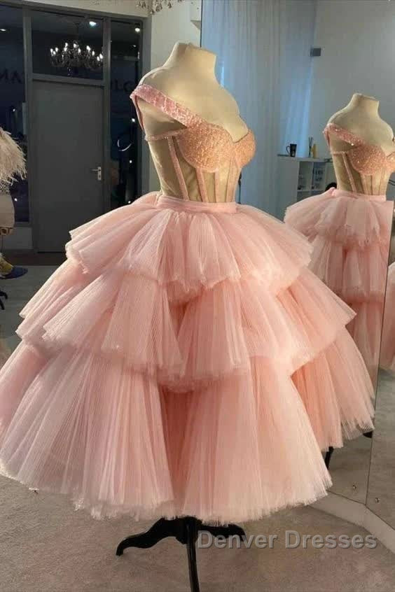 Off The Shoulder Tiered Pink Homecoming Dress Secondary image