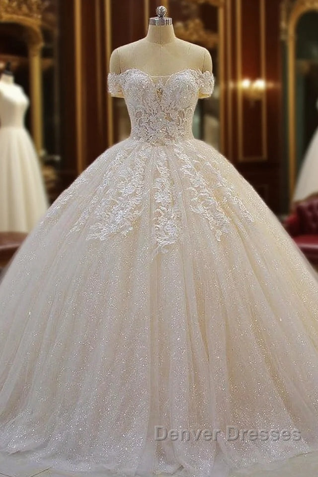 Off the shoulder Tulle Lace Appliques Sequined Wedding Dress Main image