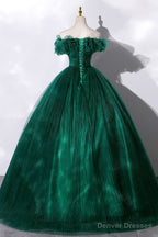 Off the Shoulder Tulle Long Prom Dress, Green A-Line Evening Graduation Dress