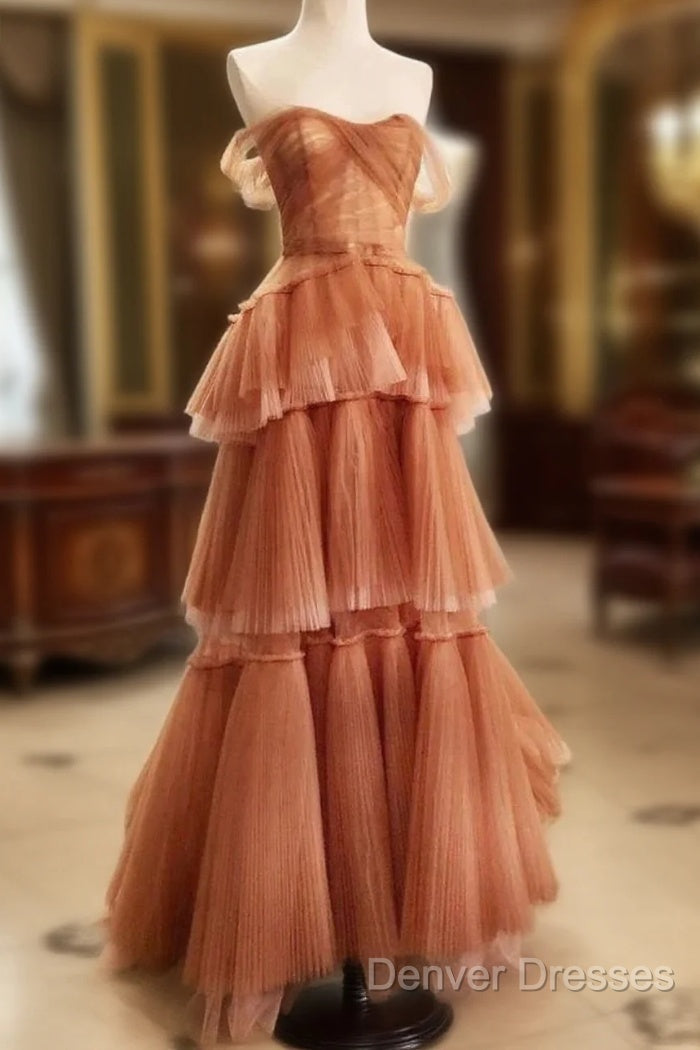 Off The Shoulder Tulle Tiered Long Prom Dress, A Line Evening Gown Main image