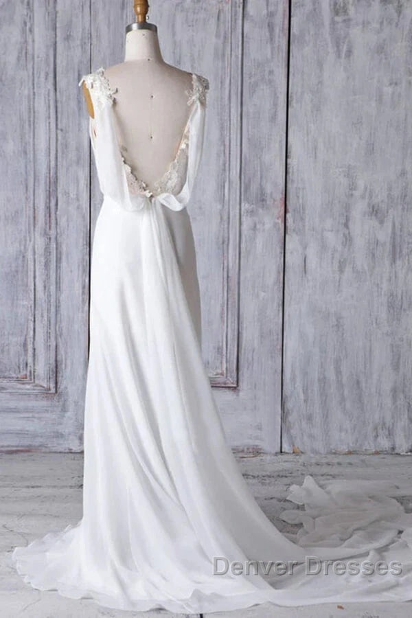 Off-The-Shoulder V Neck Backless Sheath Lace Chiffon Long Beach Wedding Dress