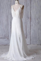 Off-The-Shoulder V Neck Backless Sheath Lace Chiffon Long Beach Wedding Dress