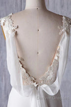 Off-The-Shoulder V Neck Backless Sheath Lace Chiffon Long Beach Wedding Dress