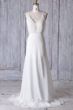 Off-The-Shoulder V Neck Backless Sheath Lace Chiffon Long Beach Wedding Dress