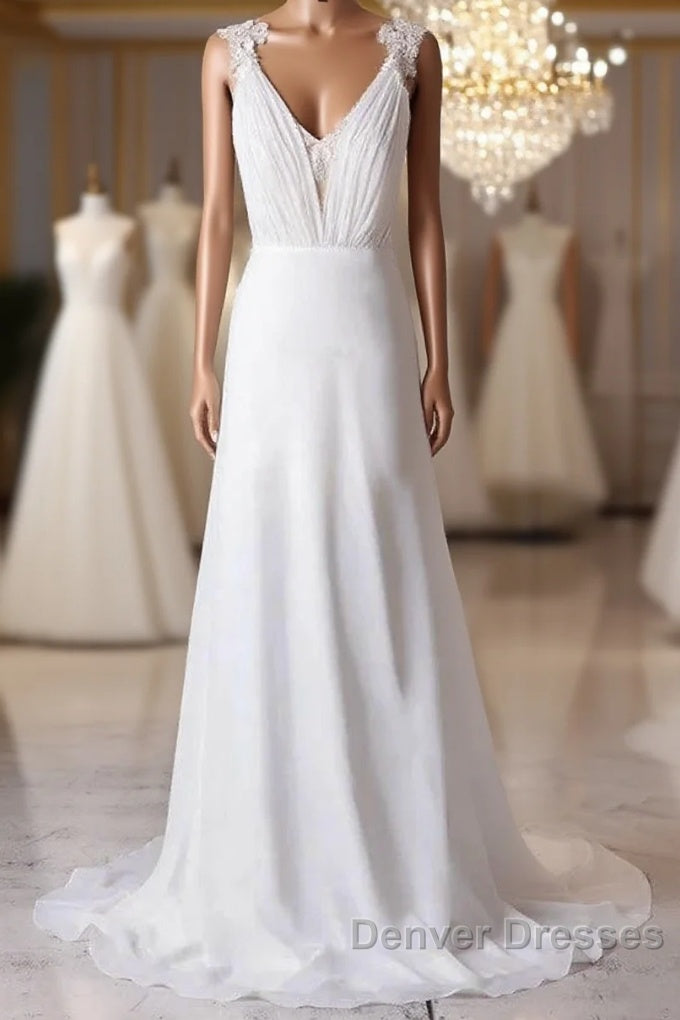 Off-The-Shoulder V Neck Backless Sheath Lace Chiffon Long Beach Wedding Dress Main image
