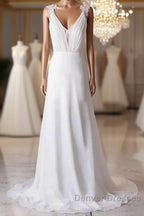 Off-The-Shoulder V Neck Backless Sheath Lace Chiffon Long Beach Wedding Dress