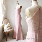 Off-The-Shoulder V Neck Mermaid Dusty Pink Floor Length Lace Bridesmaid Dress