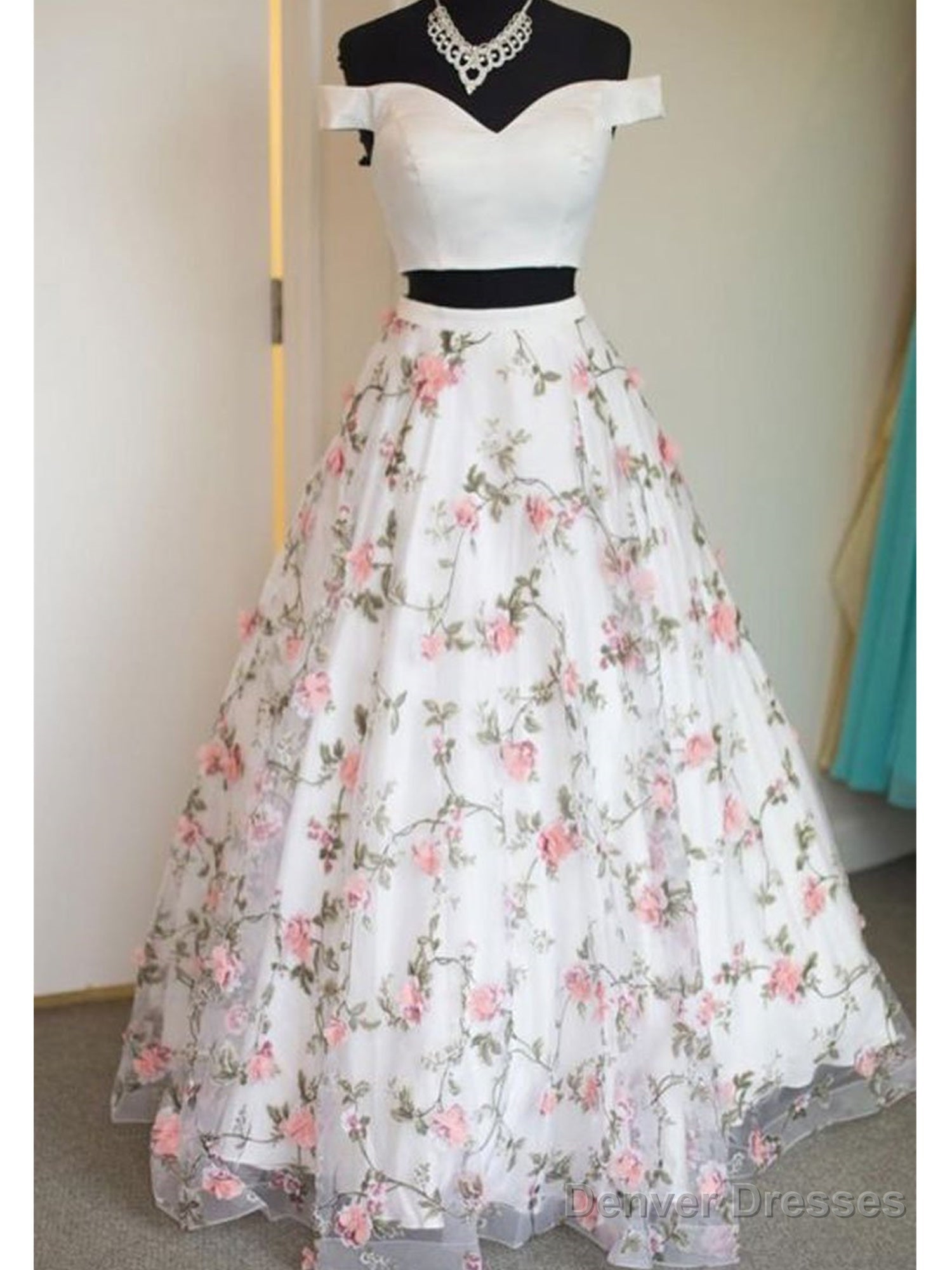 Off The Shoulder White Floral Prom Dresses, Off Shoulder White 3D Flower Long Formal Graduation Evening Dresses