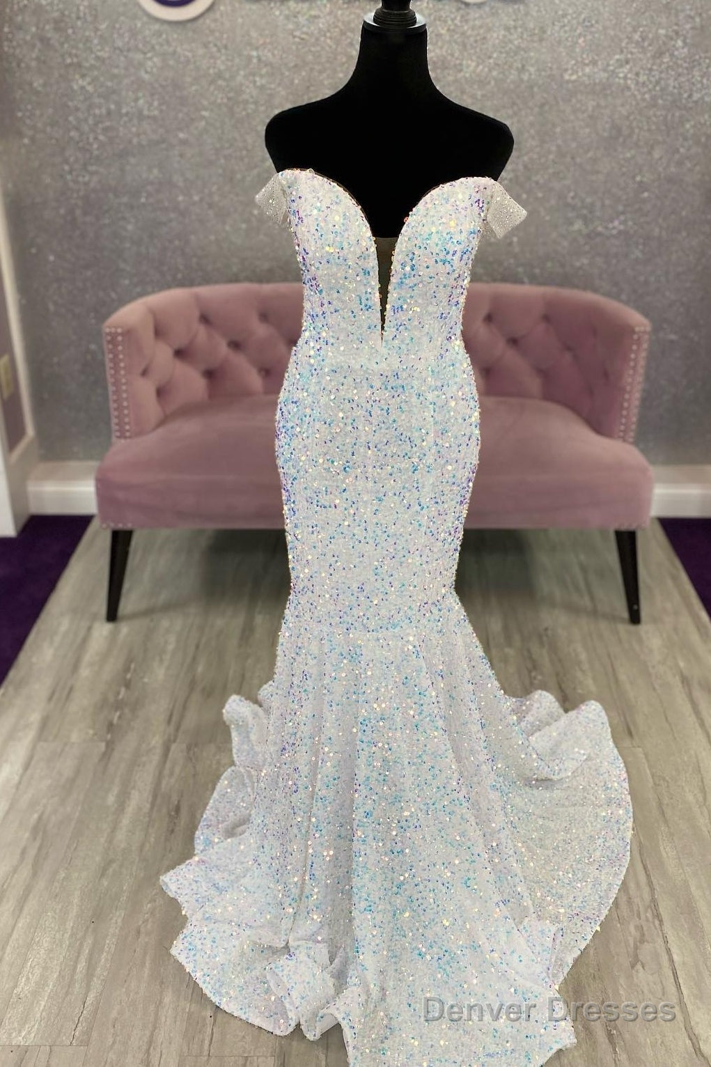 Off The Shoulder White Iridescent Sequin Long Prom Dress Mermaid Formal Dress Main image