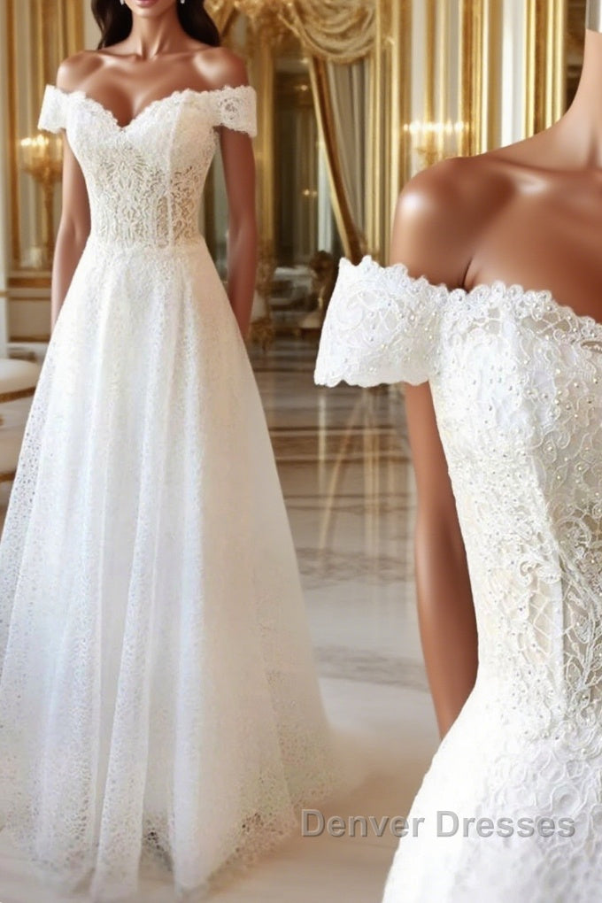 Off the Shoulder White Lace Long Prom Dress withe Beading, Off Shoulder White Lace Formal Dress, White Lace Evening Dress