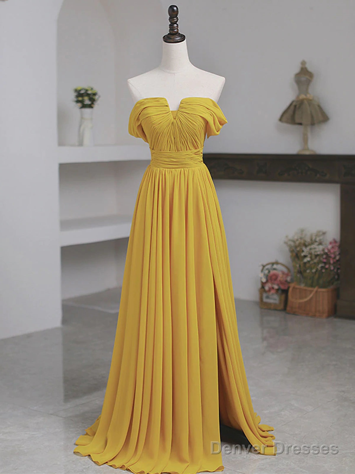 Off The Shoulder Yellow Chiffon Long Prom Dresses, Yellow Long Formal Bridesmaid Dresses