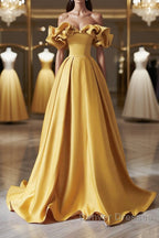Off the Shoulder Yellow Satin Long Prom Dress, Off Shoulder Yellow Long Formal Evening Dress