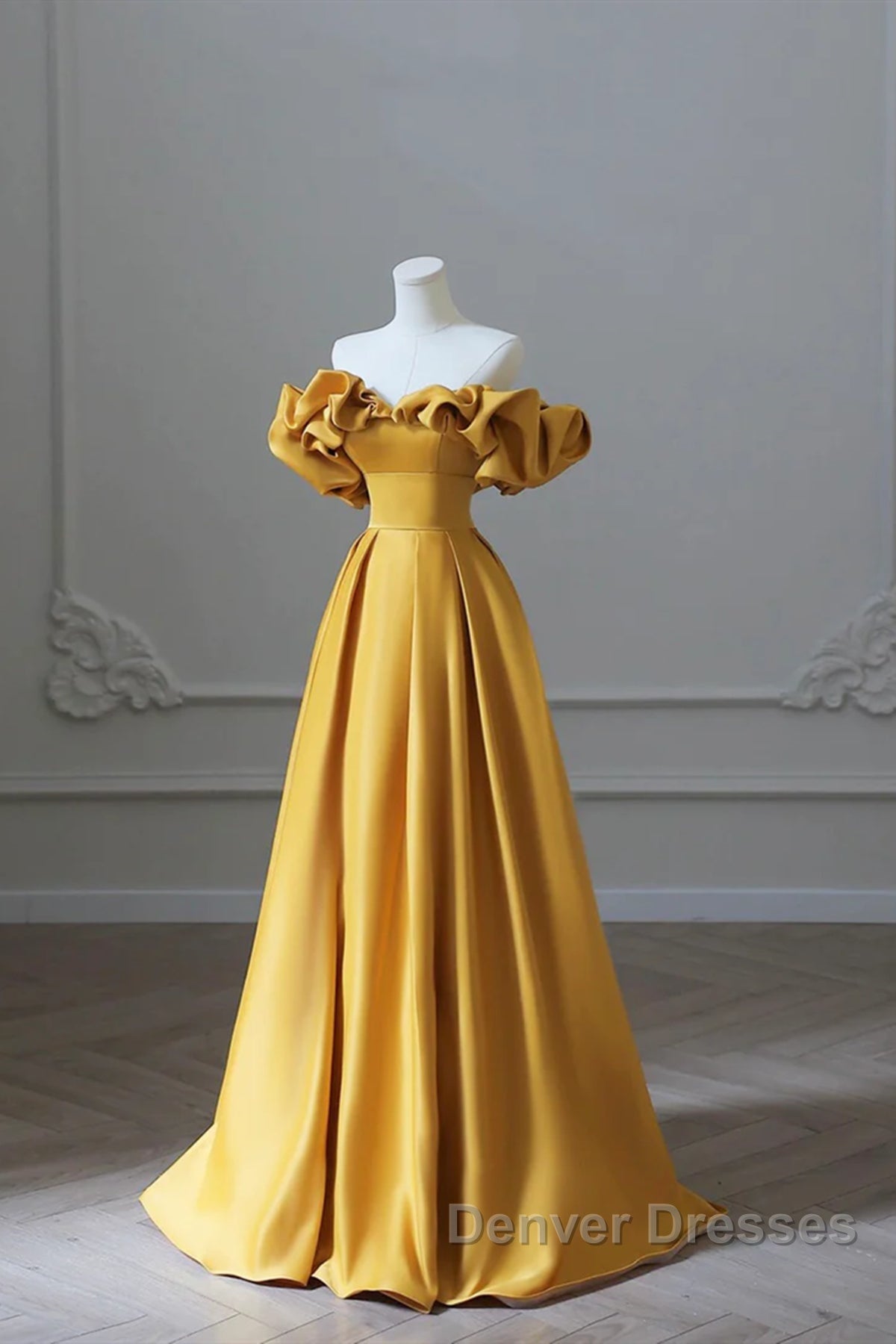 Off the Shoulder Yellow Satin Long Prom Dress, Off Shoulder Yellow Long Formal Evening Dress Secondary image