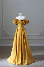 Off the Shoulder Yellow Satin Long Prom Dress, Off Shoulder Yellow Long Formal Evening Dress