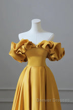 Off the Shoulder Yellow Satin Long Prom Dress, Off Shoulder Yellow Long Formal Evening Dress