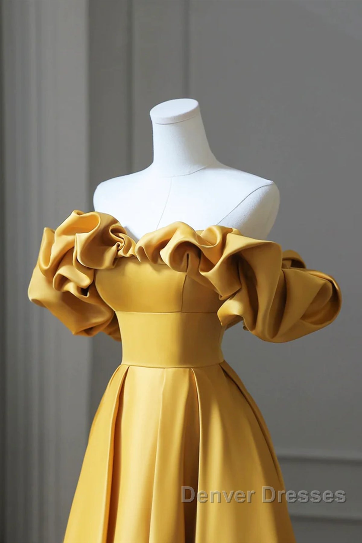 Off the Shoulder Yellow Satin Long Prom Dress, Off Shoulder Yellow Long Formal Evening Dress