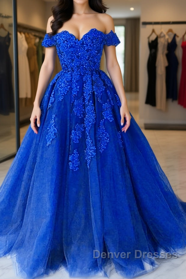 Off the Shouler Royal Blue Lace Prom Dress, Off Shoulder Blue Lace Formal Evening Dress Main image