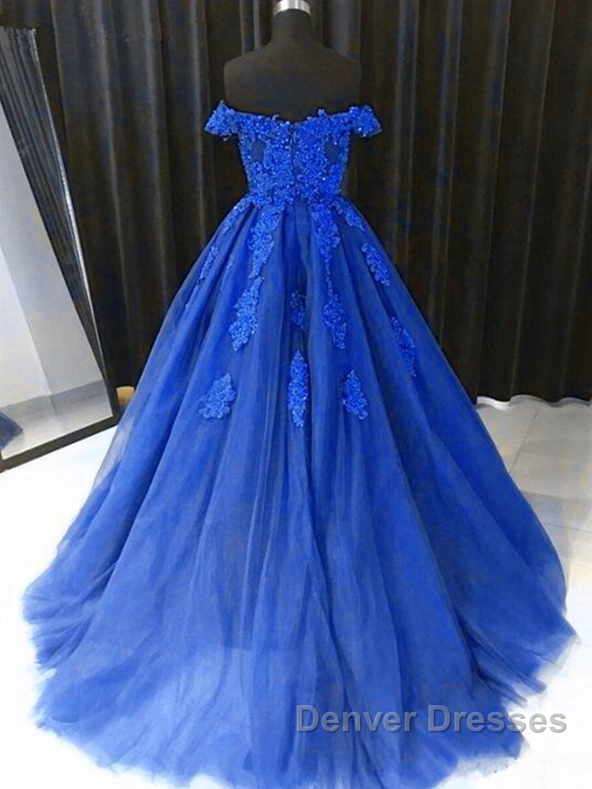 Off the Shouler Royal Blue Lace Prom Dress, Off Shoulder Blue Lace Formal Evening Dress Secondary image
