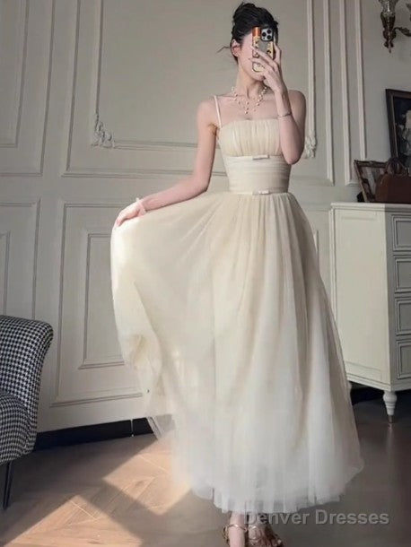 Off-White A-Line Spaghetti Strap Tulle Prom Dress Birthday Dress