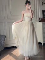 Off-White A-Line Spaghetti Strap Tulle Prom Dress Birthday Dress
