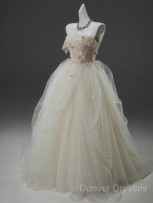 Off-White A-Line Straps Tulle Long Prom Dress Simple Applique Wedding Dress Secondary image