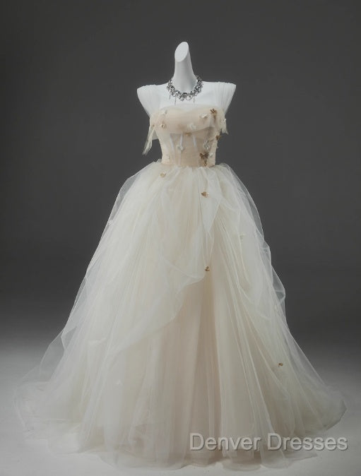 Off-White A-Line Straps Tulle Long Prom Dress Simple Applique Wedding Dress