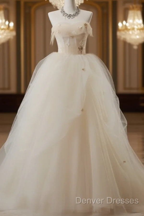 Off-White A-Line Straps Tulle Long Prom Dress Simple Applique Wedding Dress Main image