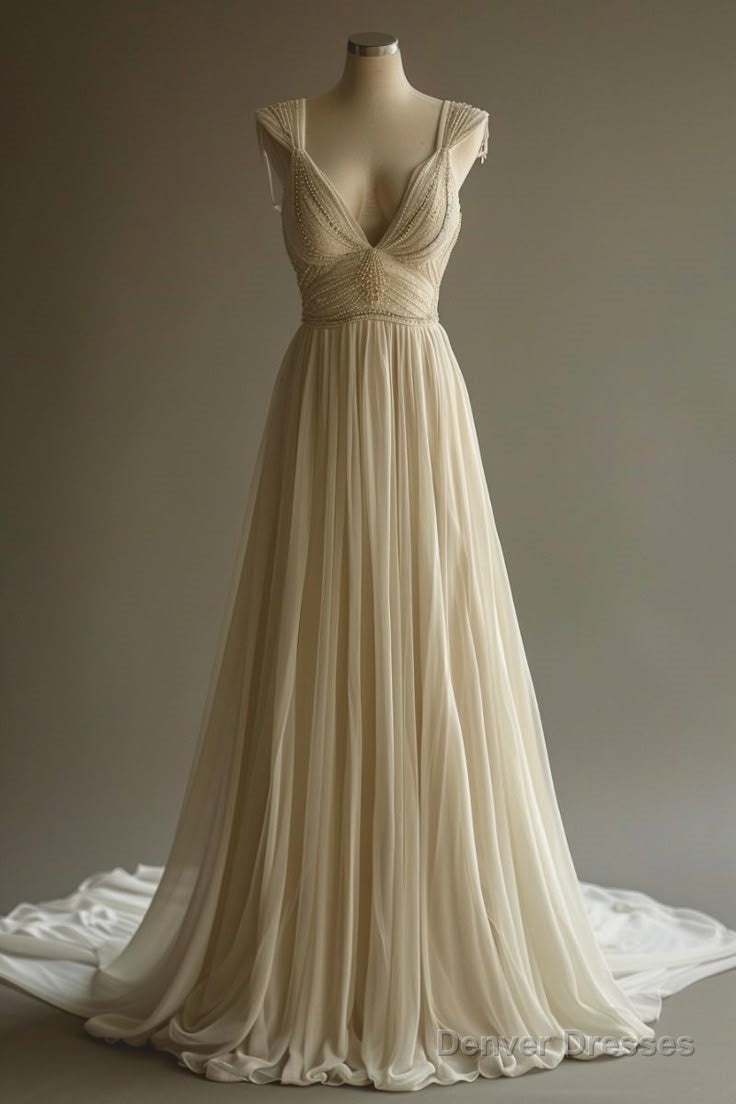 Off-White A-Line V-Neck Chiffon Beaded Long Prom Dress Simple Wedding Dress Bridesmaid Dress Secondary image