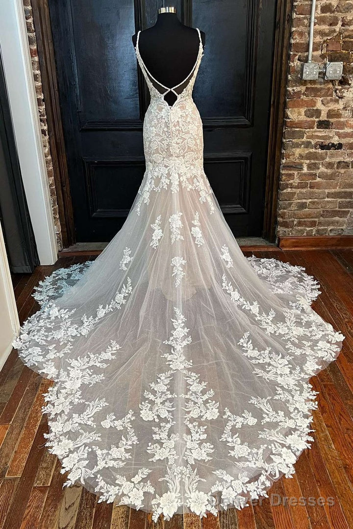 Off-White Appliques Backless Trumpet Long Wedding Dress V-Neck Secondary image