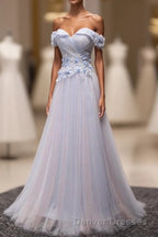 Light Blue Tulle Lace Long Prom Dress, Lace Evening Dress